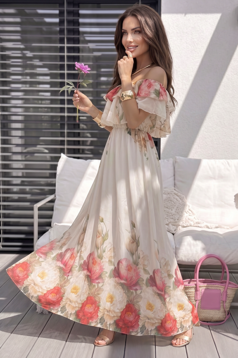 Rochie lungă cu umeri decupați și floral print FLOVERZA ECRU, Culoare: ecru, IVET.RO - Reduceri de până la -80%