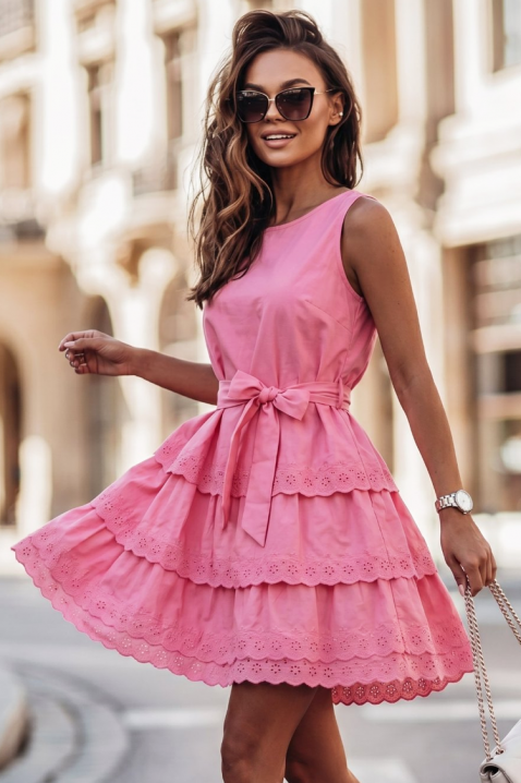 Rochie scurtă romantică, cu volane și broderie delicată BIANCHELA PINK, Culoare: roz, IVET.RO - Reduceri de până la -80%