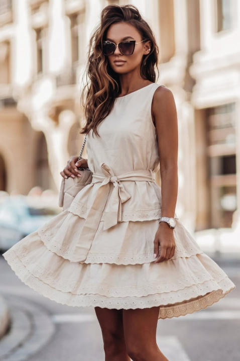 Rochie scurtă romantică, cu volane și broderie delicată BIANCHELA BEIGE, Culoare: bej, IVET.RO - Reduceri de până la -80%
