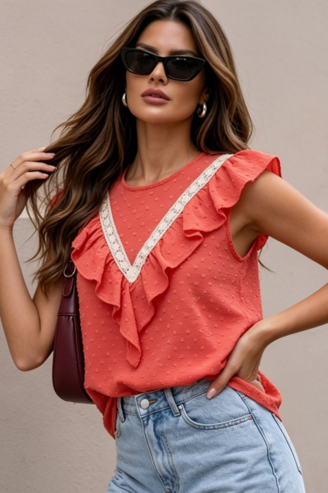 Top pentru femei de culoare coral, cu volane spectaculoase și detalii din dantelă CORALINA, Culoare: coral, IVET.RO - Reduceri de până la -80%