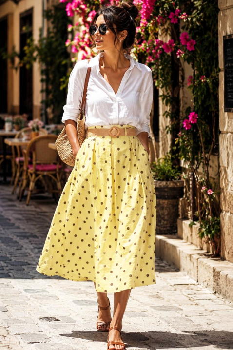 Fustă midi evazată cu talie înaltă și print cu buline DANTILA YELLOW, Culoare: galben, IVET.RO - Reduceri de până la -80%