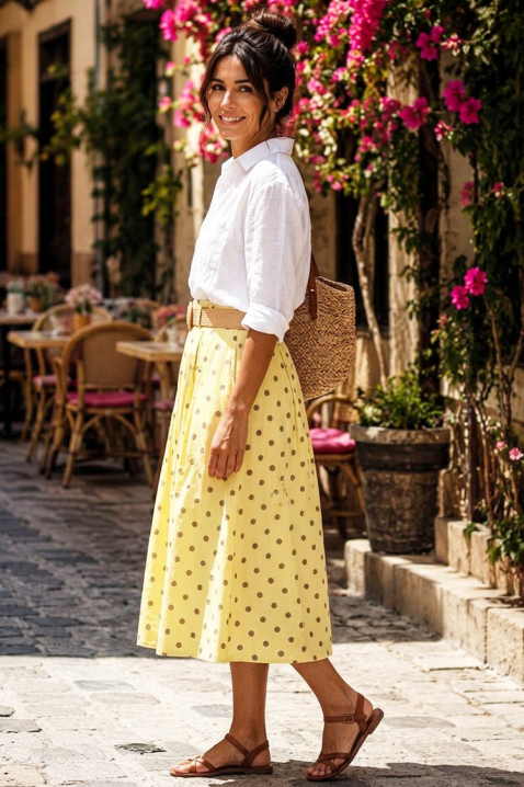 Fustă midi evazată cu talie înaltă și print cu buline DANTILA YELLOW, Culoare: galben, IVET.RO - Reduceri de până la -80%