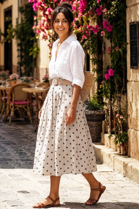 Fustă midi evazată cu talie înaltă și print cu buline DANTILA BEIGE, Culoare: bej, IVET.RO - Reduceri de până la -80%