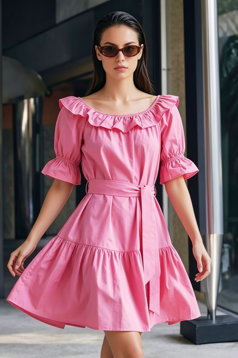 Rochie scurtă romantică, cu volane și curea AMARISIA PINK, Culoare: roz, IVET.RO - Reduceri de până la -80%