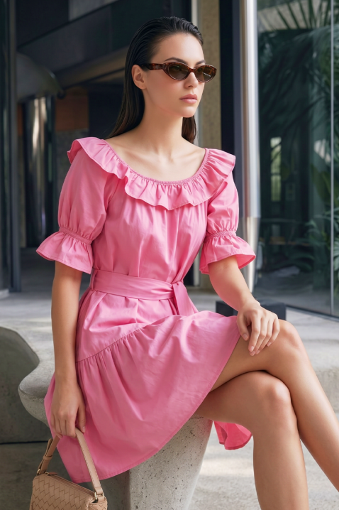 Rochie scurtă romantică, cu volane și curea AMARISIA PINK, Culoare: roz, IVET.RO - Reduceri de până la -80%