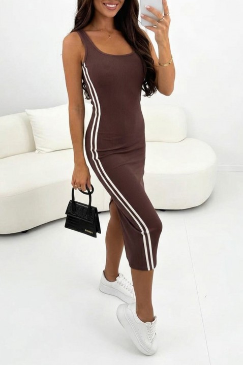 Rochie midi elastică cu benzi albe pe lateral BELIRITA BROWN, Culoare: maro, IVET.RO - Reduceri de până la -80%