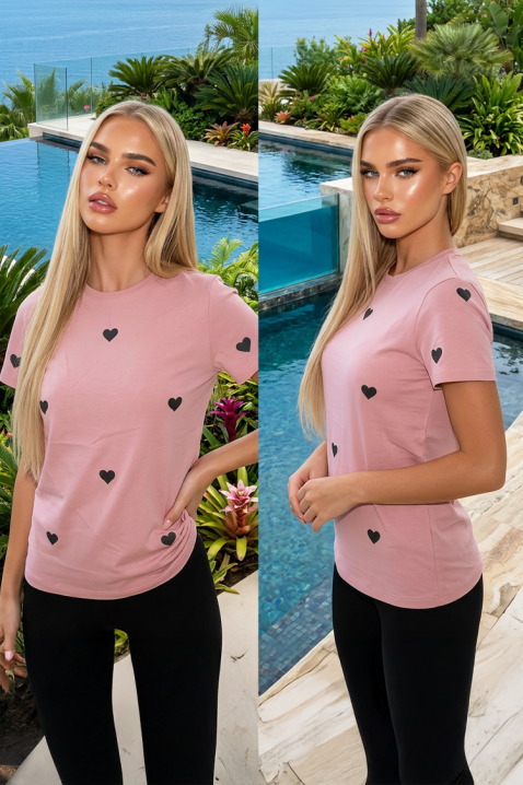 Tricou din bumbac pentru femei, cu imprimeu cu inimioare VALKYRIA PUDRA, Culoare: pudră, IVET.RO - Reduceri de până la -80%