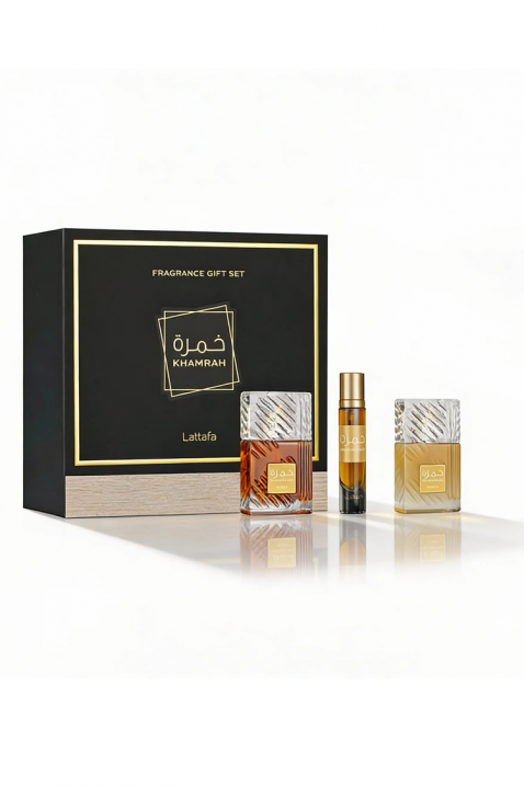 Set parfum oriental unisex Lattafa Khamrah Edp 100 ml + Edp 12 ml + Hair Mist 50 mlIVET.RO - Reduceri de până la -80%