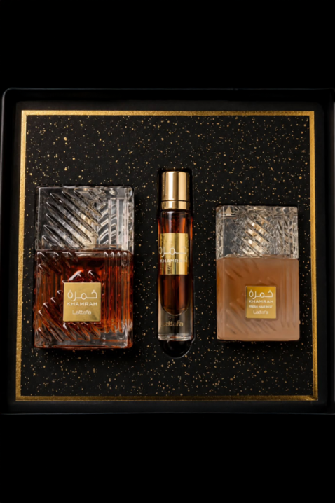 Set parfum oriental unisex Lattafa Khamrah Edp 100 ml + Edp 12 ml + Hair Mist 50 mlIVET.RO - Reduceri de până la -80%