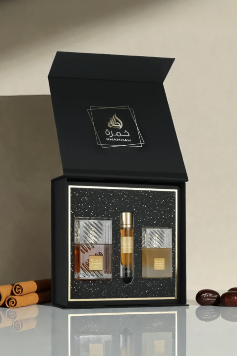 Set parfum oriental unisex Lattafa Khamrah Edp 100 ml + Edp 12 ml + Hair Mist 50 mlIVET.RO - Reduceri de până la -80%
