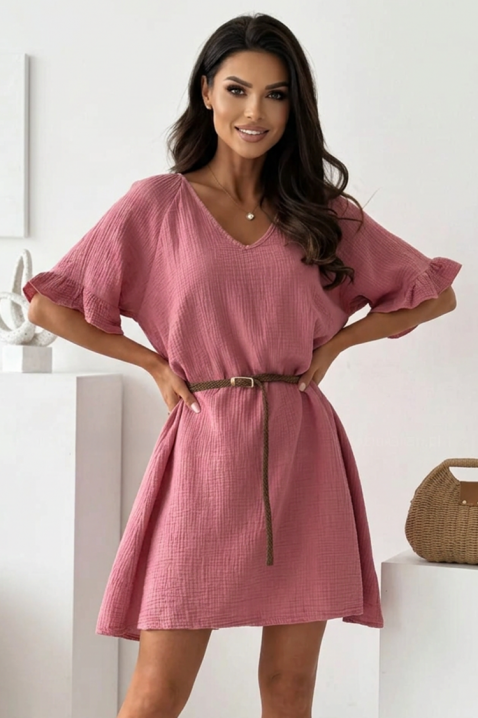 Rochie scurtă vaporoasă din bumbac, cu curea AMELINTA PINK, Culoare: roz, IVET.RO - Reduceri de până la -80%