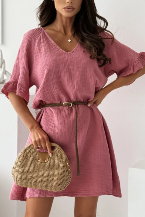 Rochie scurtă vaporoasă din bumbac, cu curea AMELINTA PINK, Culoare: roz, IVET.RO - Reduceri de până la -80%