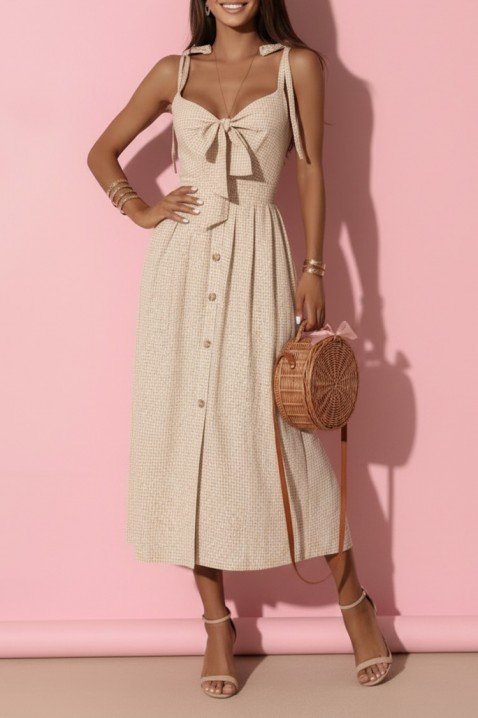 Rochie midi în carouri, cu legătură în față și fante SIENIA BEIGE, Culoare: bej, IVET.RO - Reduceri de până la -80%