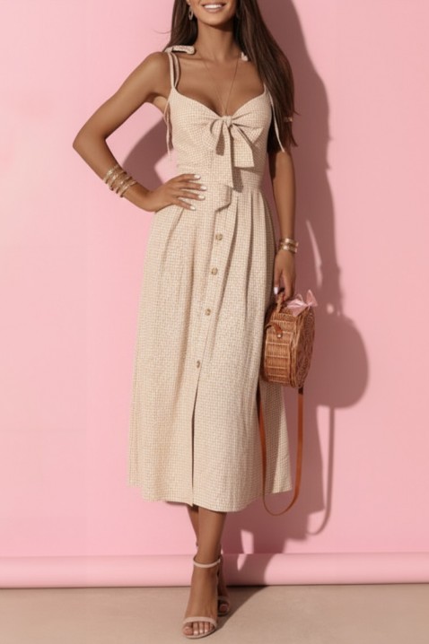 Rochie midi în carouri, cu legătură în față și fante SIENIA BEIGE, Culoare: bej, IVET.RO - Reduceri de până la -80%