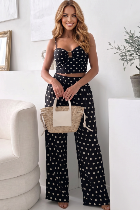 Set elegant pentru femei, cu print cu buline, format din un top scurt și pantaloni largi CREMITA BLACK, Culoare: negru, IVET.RO - Reduceri de până la -80%