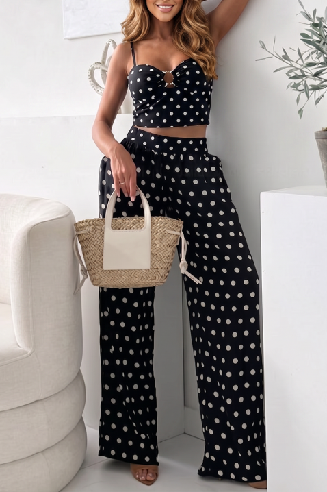 Set elegant pentru femei, cu print cu buline, format din un top scurt și pantaloni largi CREMITA BLACK, Culoare: negru, IVET.RO - Reduceri de până la -80%