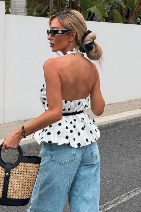 Top din bumbac pentru femei, cu buline, cu un spate spectaculos și o curea decorativă TOMINIA WHITE, Culoare: alb, IVET.RO - Reduceri de până la -80%