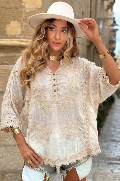 Bluză de damă vaporoasă cu broderie în stil boho KALYTA BEIGE, Culoare: bej, IVET.RO - Reduceri de până la -80%