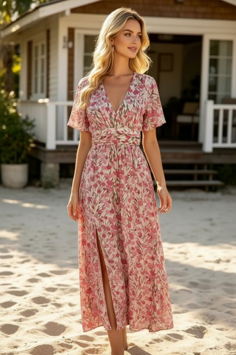 Rochie lungă, vaporoasă, cu floral print și mâneci scurte AZURIA PINK, Culoare: roz, IVET.RO - Reduceri de până la -80%