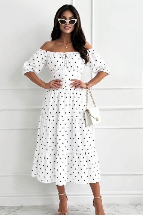 Rochie vaporoasă din dantelă model cu buline fine și umeri descoperiți MARSYLIA WHITE, Culoare: alb, IVET.RO - Reduceri de până la -80%