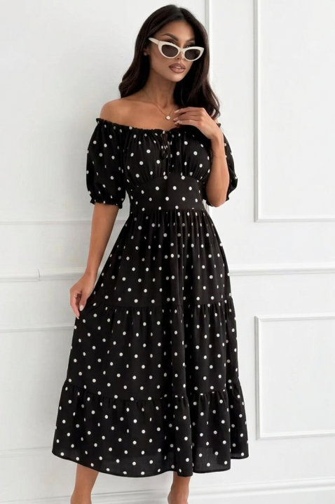 Rochie vaporoasă din dantelă model cu buline fine și umeri descoperiți MARSYLIA BLACK, Culoare: negru, IVET.RO - Reduceri de până la -80%