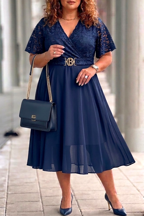 Rochie midi elegantă , cu dantelă și curea decorativă ZEZITA NAVY, Culoare: bleumarin, IVET.RO - Reduceri de până la -80%
