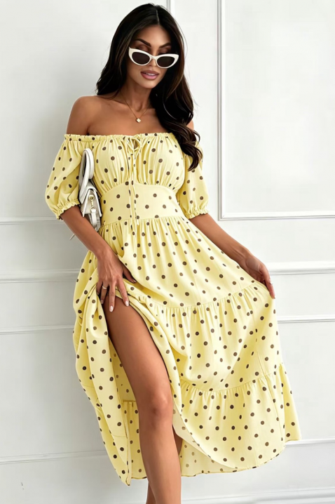 Rochie vaporoasă din dantelă model cu buline fine și umeri descoperiți MARSYLIA YELLOW, Culoare: galben, IVET.RO - Reduceri de până la -80%