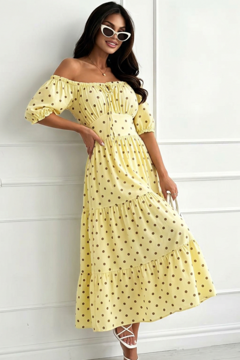 Rochie vaporoasă din dantelă model cu buline fine și umeri descoperiți MARSYLIA YELLOW, Culoare: galben, IVET.RO - Reduceri de până la -80%