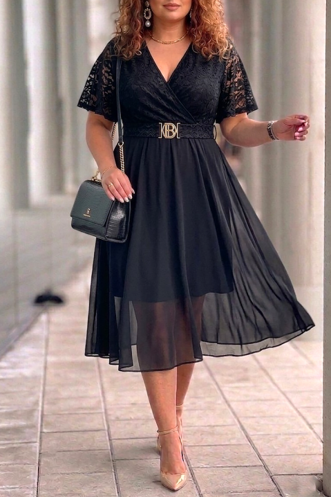 Rochie midi elegantă , cu dantelă și curea decorativă ZEZITA BLACK, Culoare: negru, IVET.RO - Reduceri de până la -80%