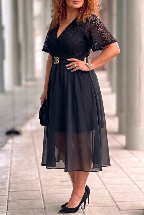 Rochie midi elegantă , cu dantelă și curea decorativă ZEZITA BLACK, Culoare: negru, IVET.RO - Reduceri de până la -80%