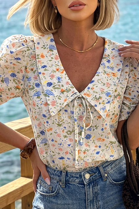 Bluză florală pentru femei, cu guler mare și legătură decorativă CREMALINA ECRU, Culoare: ecru, IVET.RO - Reduceri de până la -80%