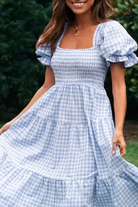 Rochie midi de vară în carouri, cu mâneci bufante CARENA SKY, Culoare: albastru deschis, IVET.RO - Reduceri de până la -80%
