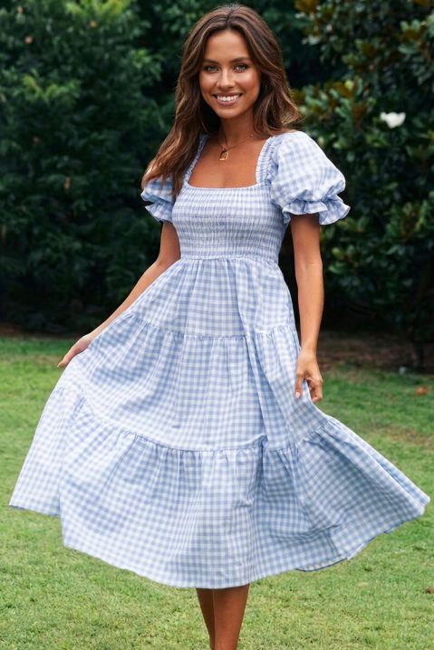 Rochie midi de vară în carouri, cu mâneci bufante CARENA SKY, Culoare: albastru deschis, IVET.RO - Reduceri de până la -80%