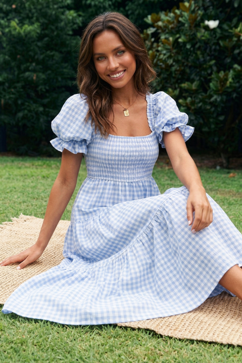 Rochie midi de vară în carouri, cu mâneci bufante CARENA SKY, Culoare: albastru deschis, IVET.RO - Reduceri de până la -80%