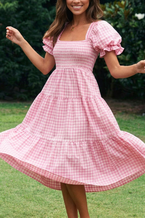 Rochie midi de vară în carouri, cu mâneci bufante CARENA PINK, Culoare: roz, IVET.RO - Reduceri de până la -80%
