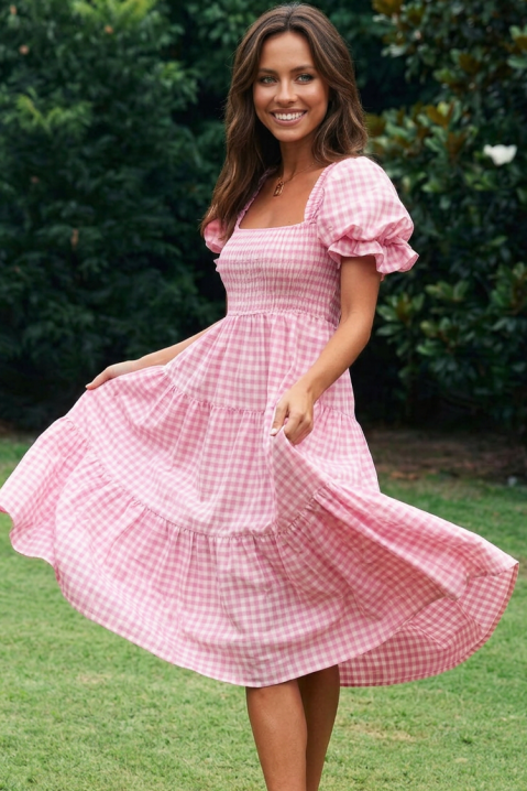 Rochie midi de vară în carouri, cu mâneci bufante CARENA PINK, Culoare: roz, IVET.RO - Reduceri de până la -80%