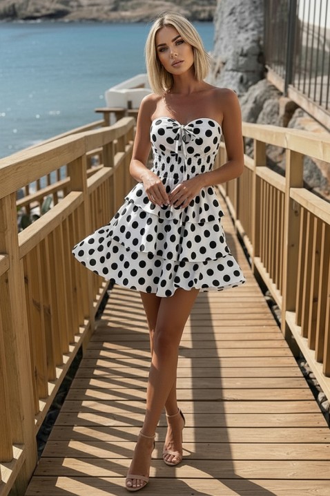 Rochie scurtă și cochetă,model cu buline, cu o fustă voluminoasă cu volane POISELA WHITE, Culoare: alb, IVET.RO - Reduceri de până la -80%