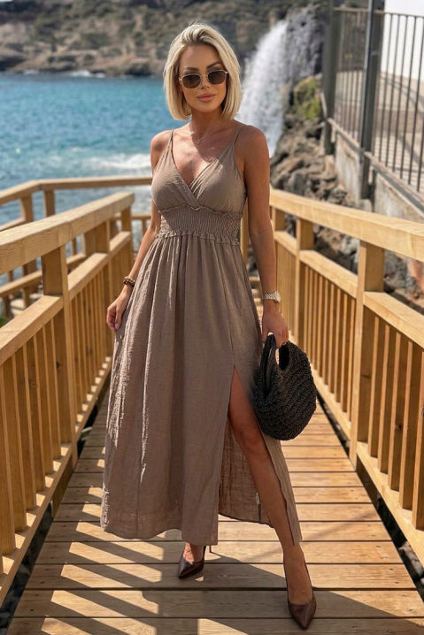 Rochie midi de vară , cu bretele subțiri și talie elastică TIMINA MOCHA, Culoare: mocca, IVET.RO - Reduceri de până la -80%
