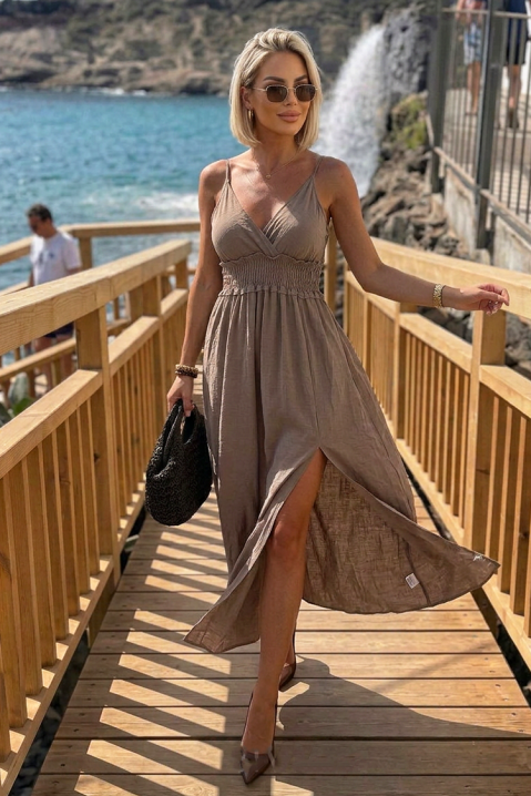 Rochie midi de vară , cu bretele subțiri și talie elastică TIMINA MOCHA, Culoare: mocca, IVET.RO - Reduceri de până la -80%