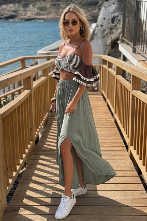 Pantaloni feminini vaporoși, cu fante spectaculoase pe picioare OLIVETI KHAKI, Culoare: khaki, IVET.RO - Reduceri de până la -80%