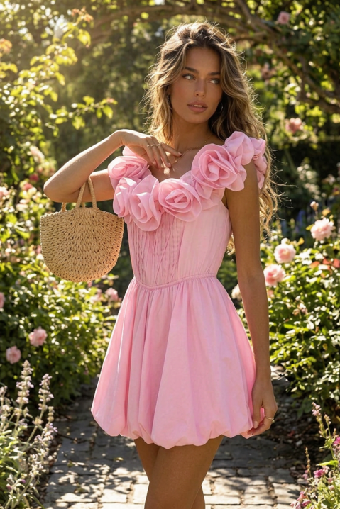 Rochie scurtă și cochetă, în stil balon, cu flori decorative ROZINA PINK, Culoare: roz, IVET.RO - Reduceri de până la -80%