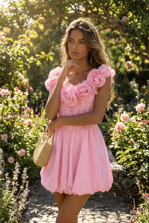 Rochie scurtă și cochetă, în stil balon, cu flori decorative ROZINA PINK, Culoare: roz, IVET.RO - Reduceri de până la -80%