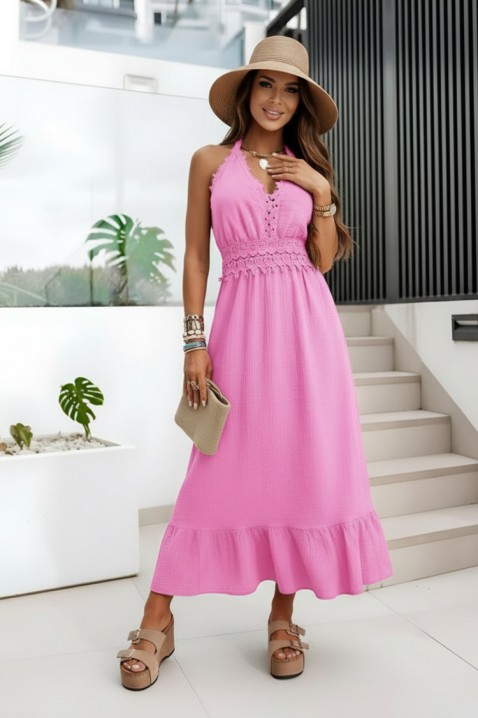 Rochie midi de vară în stil boho, cu detalii din dantelă BRIVENA PINK, Culoare: roz, IVET.RO - Reduceri de până la -80%