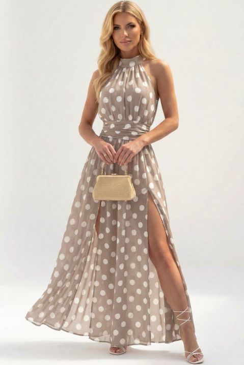 Rochie lungă, vaporoasă, cu buline și decolteu american TENESIANA BEIGE, Culoare: bej, IVET.RO - Reduceri de până la -80%