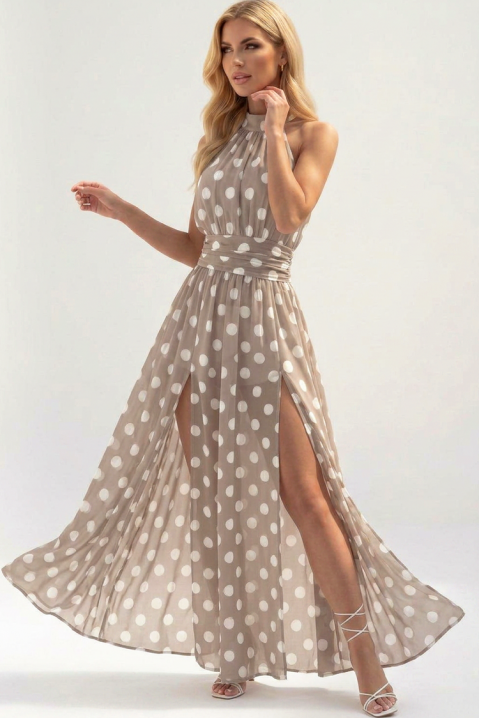Rochie lungă, vaporoasă, cu buline și decolteu american TENESIANA BEIGE, Culoare: bej, IVET.RO - Reduceri de până la -80%
