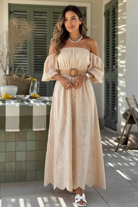 Rochie lungă romantică, cu broderie ajurată și mâneci căzute SHERIDANA BEIGE, Culoare: bej, IVET.RO - Reduceri de până la -80%