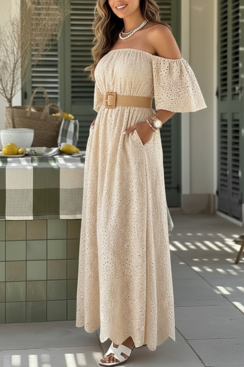 Rochie lungă romantică, cu broderie ajurată și mâneci căzute SHERIDANA BEIGE, Culoare: bej, IVET.RO - Reduceri de până la -80%