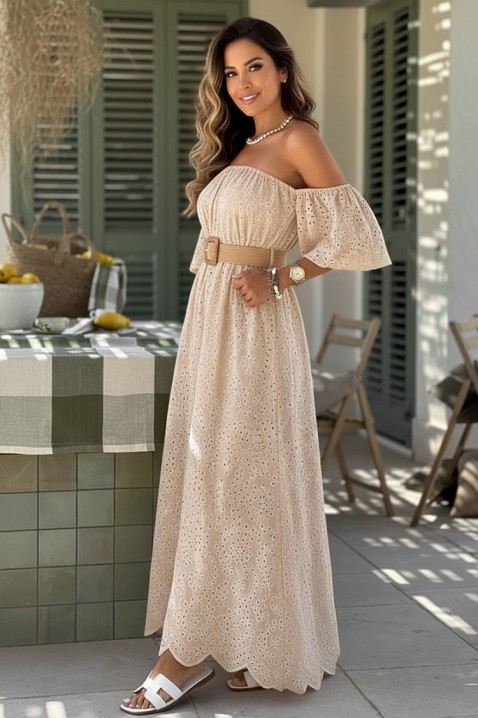 Rochie lungă romantică, cu broderie ajurată și mâneci căzute SHERIDANA BEIGE, Culoare: bej, IVET.RO - Reduceri de până la -80%