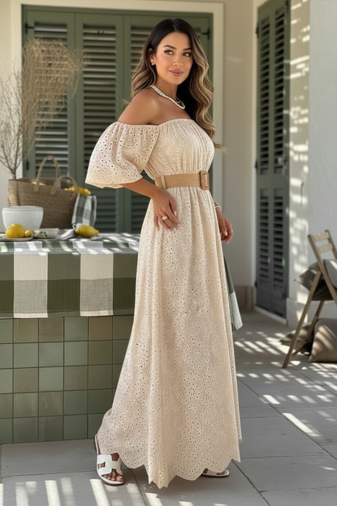 Rochie lungă romantică, cu broderie ajurată și mâneci căzute SHERIDANA BEIGE, Culoare: bej, IVET.RO - Reduceri de până la -80%