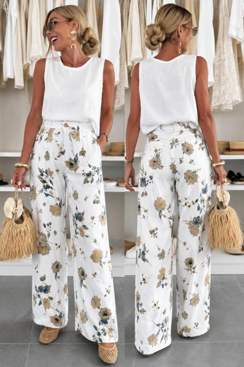 Pantaloni eleganți pentru femei, cu talie înaltă și motiv floral DANENZA, Culoare: alb, IVET.RO - Reduceri de până la -80%